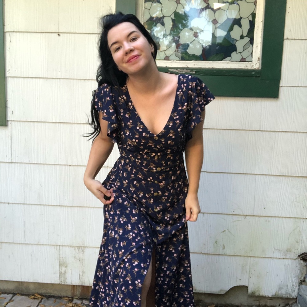 Navy Blue Floral Print Maxi Dress with Slit